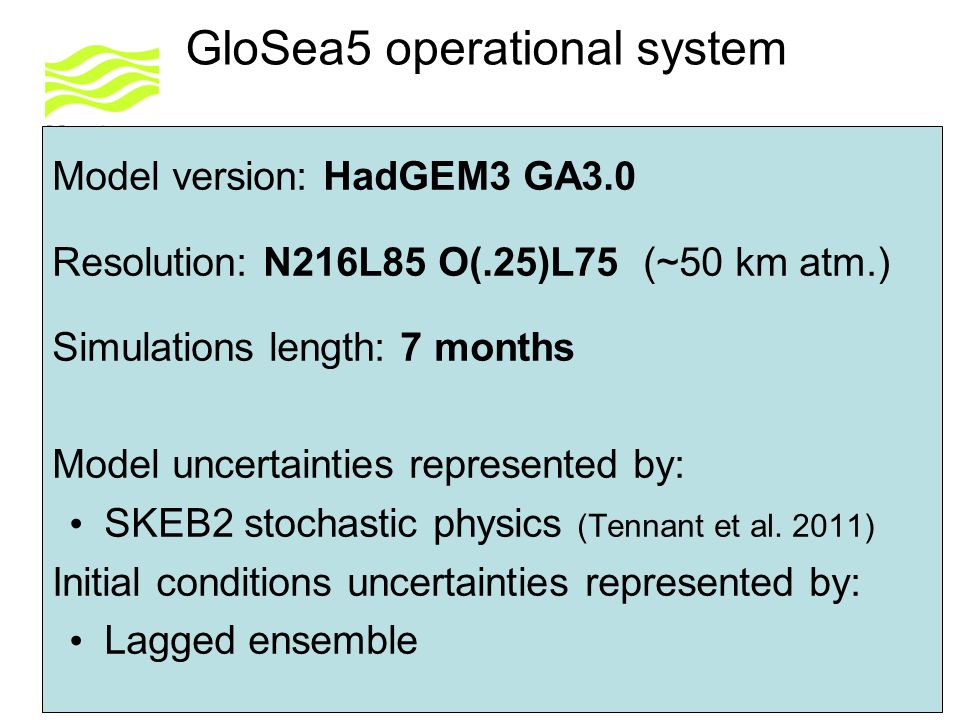 GloSea5 operational system Model version: HadGEM3 GA3.0 Resolution: N216L85 O(.25)L75 (~50 km atm.) Simulations length: 7 months Model uncertainties represented by: SKEB2 stochastic physics (Tennant et al.