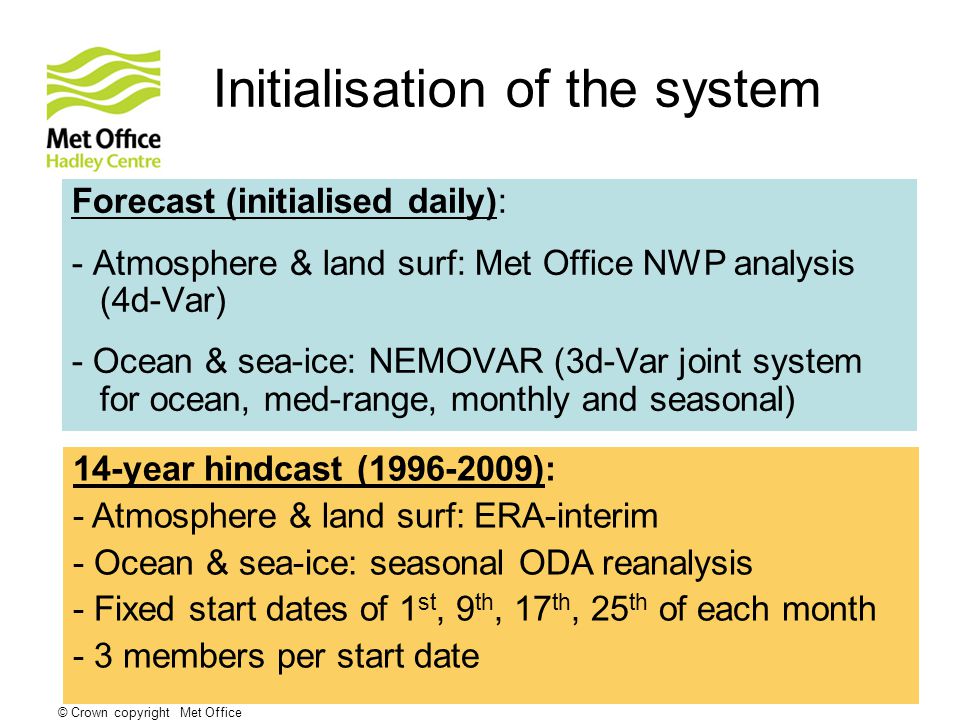 © Crown copyright Met Office Initialisation of the system Forecast (initialised daily): - Atmosphere & land surf: Met Office NWP analysis (4d-Var) - Ocean & sea-ice: NEMOVAR (3d-Var joint system for ocean, med-range, monthly and seasonal) 14-year hindcast ( ): - Atmosphere & land surf: ERA-interim - Ocean & sea-ice: seasonal ODA reanalysis - Fixed start dates of 1 st, 9 th, 17 th, 25 th of each month - 3 members per start date
