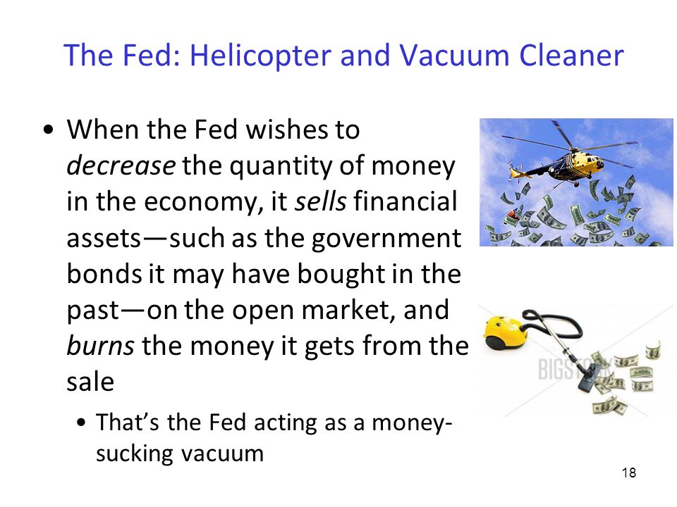 The Fed: Helicopter and Vacuum Cleaner When the Fed wishes to decrease the quantity of money in the economy, it sells financial assets—such as the government bonds it may have bought in the past—on the open market, and burns the money it gets from the sale That’s the Fed acting as a money- sucking vacuum 18