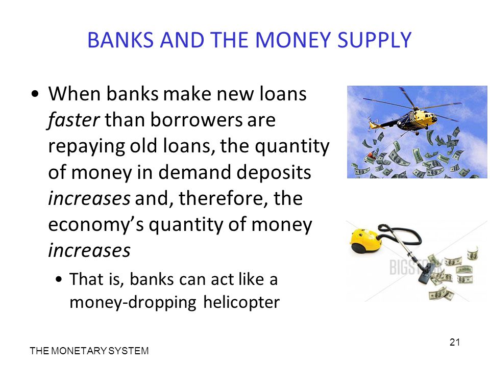 BANKS AND THE MONEY SUPPLY When banks make new loans faster than borrowers are repaying old loans, the quantity of money in demand deposits increases and, therefore, the economy’s quantity of money increases That is, banks can act like a money-dropping helicopter THE MONETARY SYSTEM 21