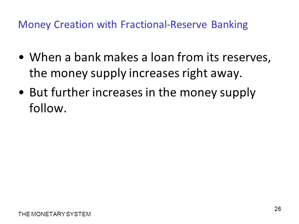 Money Creation with Fractional-Reserve Banking When a bank makes a loan from its reserves, the money supply increases right away.