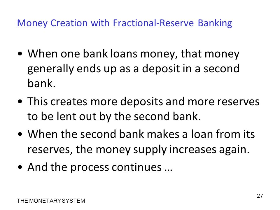 Money Creation with Fractional-Reserve Banking When one bank loans money, that money generally ends up as a deposit in a second bank.