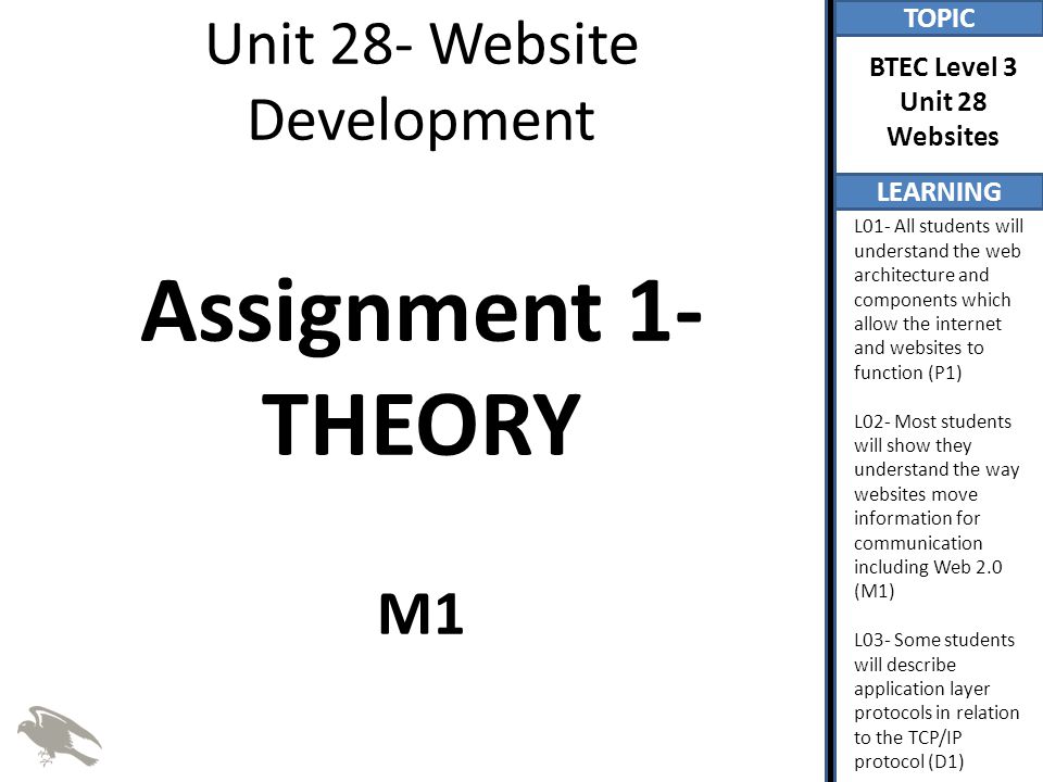 TOPIC LEARNING BTEC Level 3 Unit 28 Websites L01- All students will understand the web architecture and components which allow the internet and websites to function (P1) L02- Most students will show they understand the way websites move information for communication including Web 2.0 (M1) L03- Some students will describe application layer protocols in relation to the TCP/IP protocol (D1) Unit 28- Website Development Assignment 1- THEORY M1