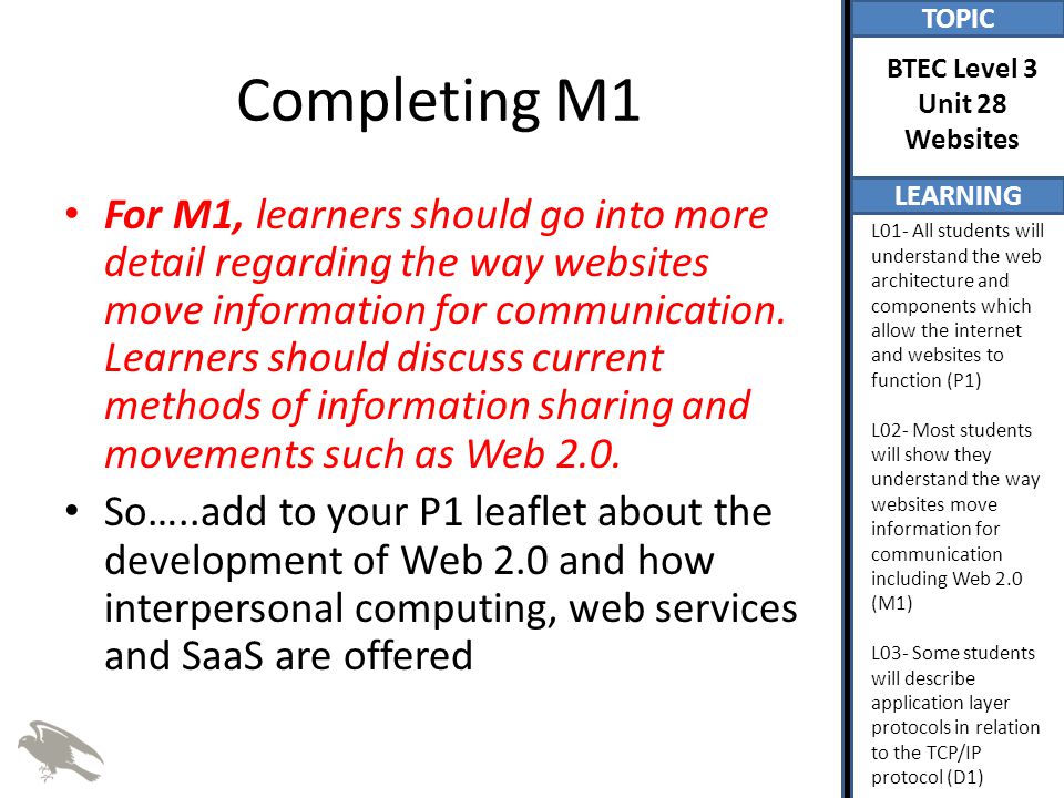 TOPIC LEARNING BTEC Level 3 Unit 28 Websites L01- All students will understand the web architecture and components which allow the internet and websites to function (P1) L02- Most students will show they understand the way websites move information for communication including Web 2.0 (M1) L03- Some students will describe application layer protocols in relation to the TCP/IP protocol (D1) Completing M1 For M1, learners should go into more detail regarding the way websites move information for communication.