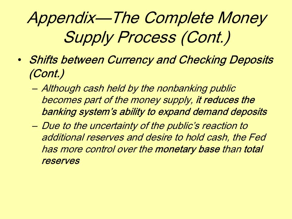 Appendix—The Complete Money Supply Process (Cont.) Shifts between Currency and Checking Deposits (Cont.) –Although cash held by the nonbanking public becomes part of the money supply, it reduces the banking system’s ability to expand demand deposits –Due to the uncertainty of the public’s reaction to additional reserves and desire to hold cash, the Fed has more control over the monetary base than total reserves