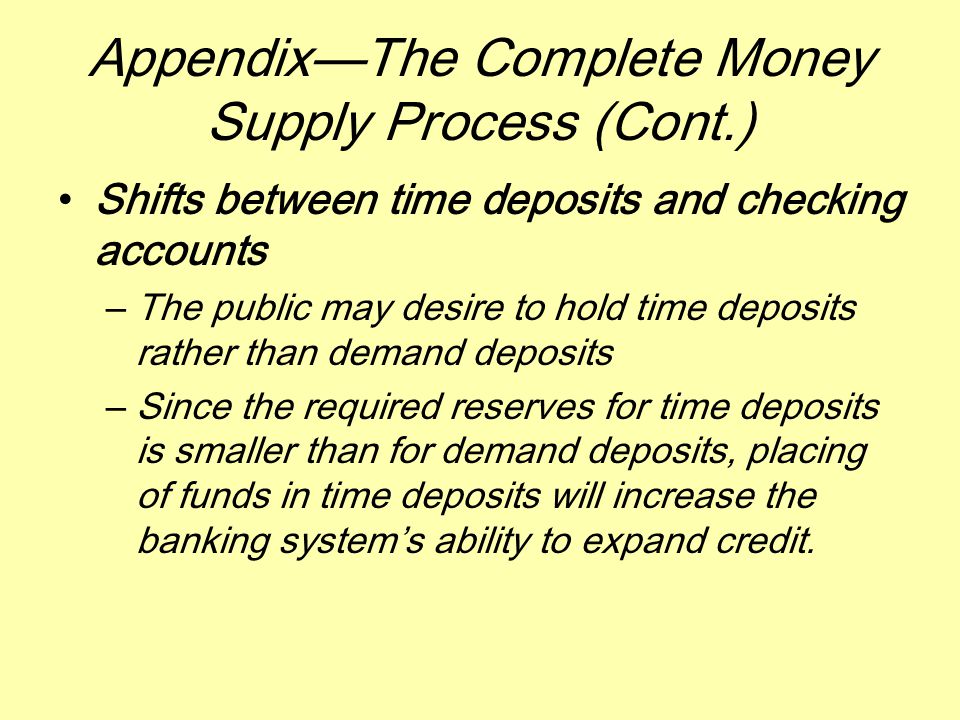 Appendix—The Complete Money Supply Process (Cont.) Shifts between time deposits and checking accounts –The public may desire to hold time deposits rather than demand deposits –Since the required reserves for time deposits is smaller than for demand deposits, placing of funds in time deposits will increase the banking system’s ability to expand credit.