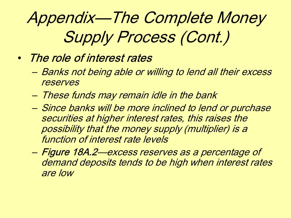 Appendix—The Complete Money Supply Process (Cont.) The role of interest rates –Banks not being able or willing to lend all their excess reserves –These funds may remain idle in the bank –Since banks will be more inclined to lend or purchase securities at higher interest rates, this raises the possibility that the money supply (multiplier) is a function of interest rate levels –Figure 18A.2—excess reserves as a percentage of demand deposits tends to be high when interest rates are low