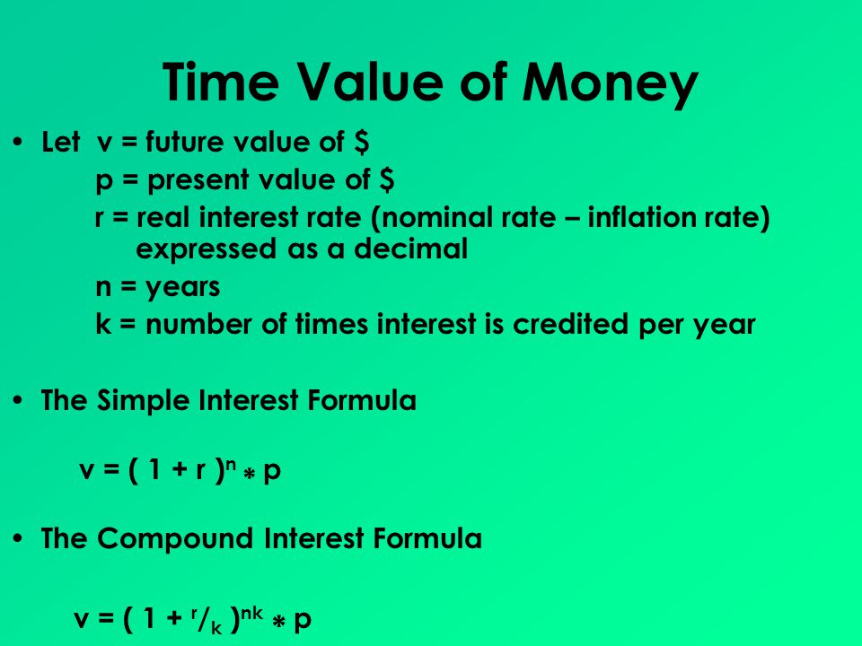 Time Value of Money Let v = future value of $ p = present value of $ r = real interest rate (nominal rate – inflation rate) expressed as a decimal n = years k = number of times interest is credited per year The Simple Interest Formula v = ( 1 + r ) n * p The Compound Interest Formula v = ( 1 + r / k ) nk * p