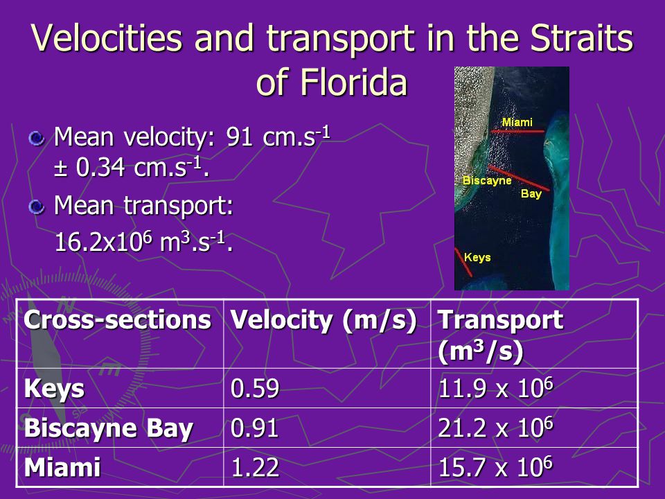 Velocities and transport in the Straits of Florida Mean velocity: 91 cm.s -1 ± 0.34 cm.s -1.