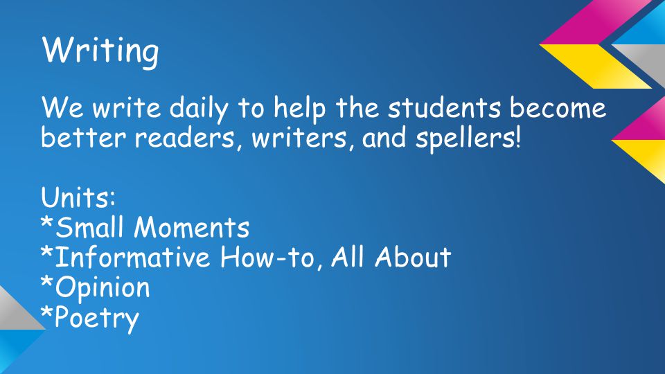 Writing We write daily to help the students become better readers, writers, and spellers.