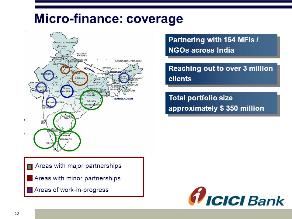 13 Micro-finance: coverage Areas with major partnerships Areas with minor partnerships Areas of work-in-progress Partnering with 154 MFIs / NGOs across India Reaching out to over 3 million clients Total portfolio size approximately $ 350 million