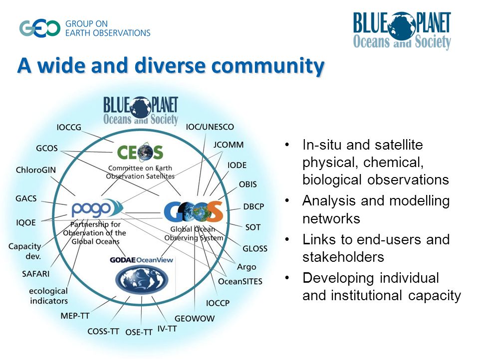 In-situ and satellite physical, chemical, biological observations Analysis and modelling networks Links to end-users and stakeholders Developing individual and institutional capacity A wide and diverse community