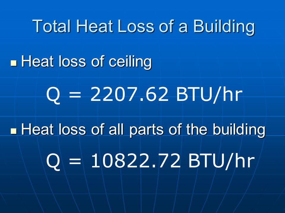 Total Heat Loss of a Building It also has a ceiling made of ½ drywall and 6 of blown in cellulose insulation.