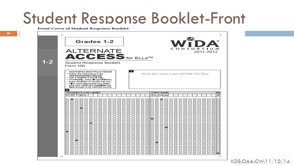 Student Response Booklet-Front 28 KDE:OAA:CW:11/10/14