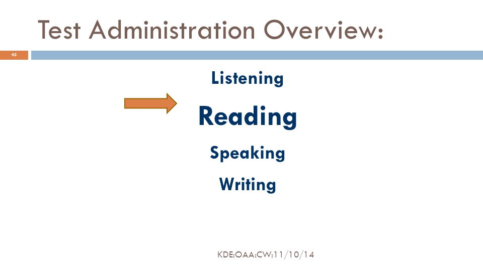 Test Administration Overview: Listening Reading Speaking Writing 43 KDE:OAA:CW:11/10/14