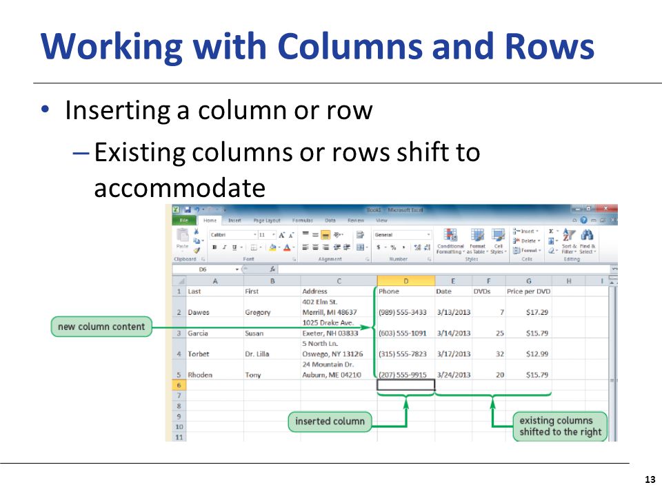 XP Working with Columns and Rows Inserting a column or row – Existing columns or rows shift to accommodate 13