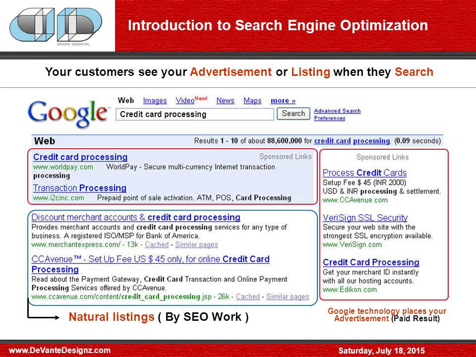 Saturday, July 18, 2015 Introduction to Search Engine Optimization Your customers see your Advertisement or Listing when they Search Credit card processing Google technology places your Advertisement (Paid Result) Natural listings ( By SEO Work )