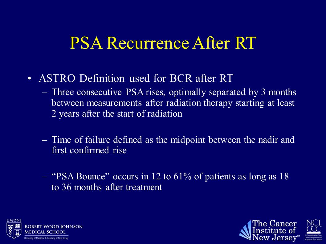 PSA Recurrence After RT ASTRO Definition used for BCR after RT –Three consecutive PSA rises, optimally separated by 3 months between measurements after radiation therapy starting at least 2 years after the start of radiation –Time of failure defined as the midpoint between the nadir and first confirmed rise – PSA Bounce occurs in 12 to 61% of patients as long as 18 to 36 months after treatment
