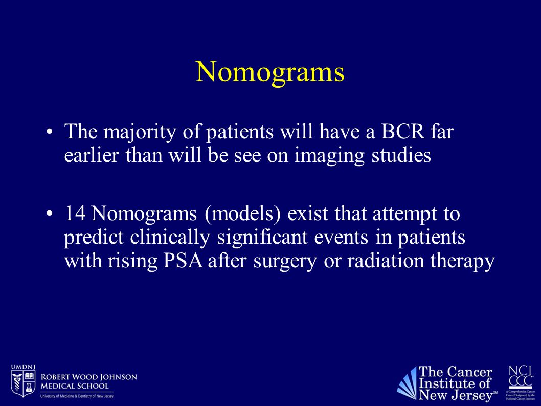 Nomograms The majority of patients will have a BCR far earlier than will be see on imaging studies 14 Nomograms (models) exist that attempt to predict clinically significant events in patients with rising PSA after surgery or radiation therapy