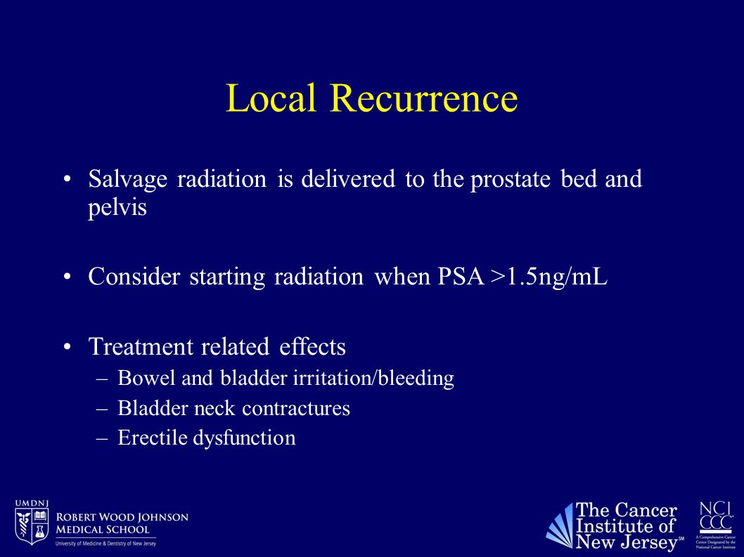 Local Recurrence Salvage radiation is delivered to the prostate bed and pelvis Consider starting radiation when PSA >1.5ng/mL Treatment related effects –Bowel and bladder irritation/bleeding –Bladder neck contractures –Erectile dysfunction