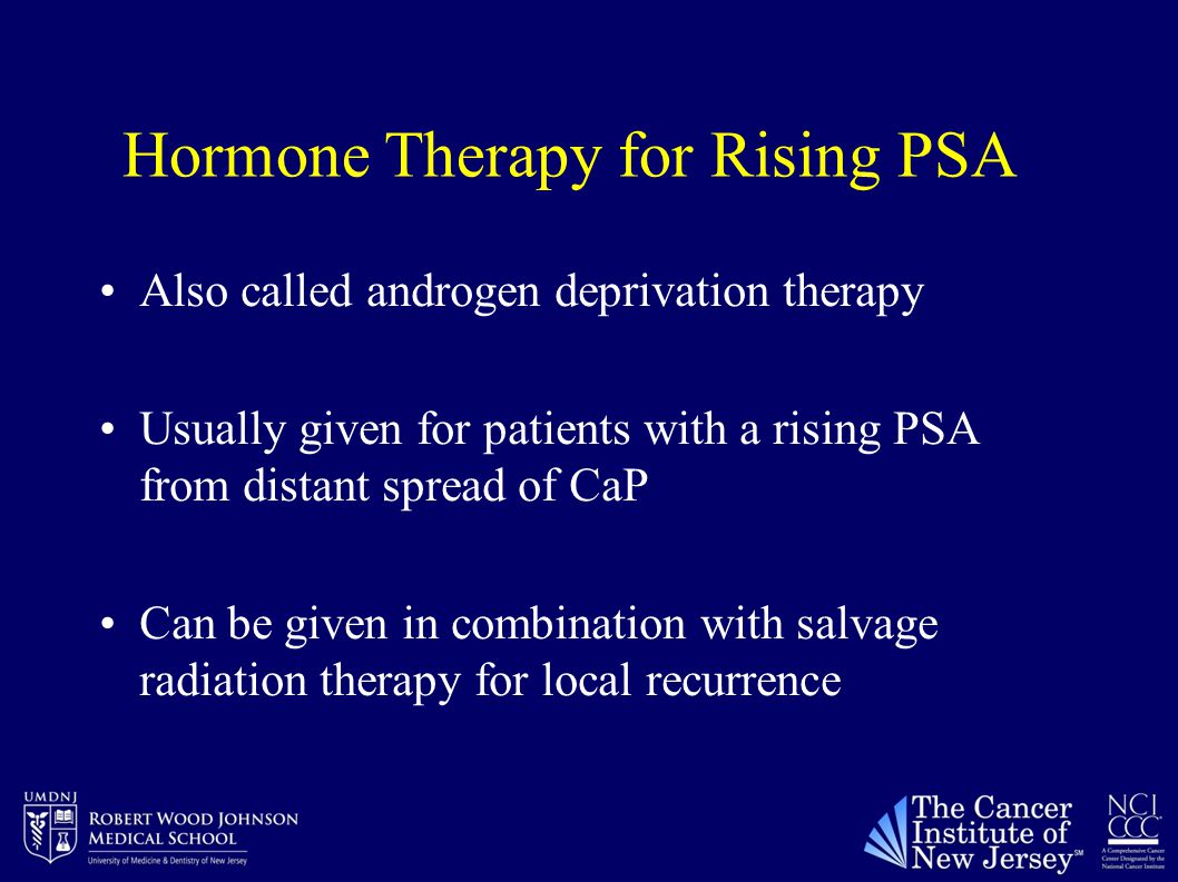 Hormone Therapy for Rising PSA Also called androgen deprivation therapy Usually given for patients with a rising PSA from distant spread of CaP Can be given in combination with salvage radiation therapy for local recurrence