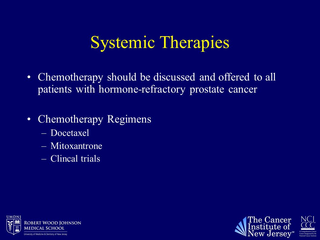 Systemic Therapies Chemotherapy should be discussed and offered to all patients with hormone-refractory prostate cancer Chemotherapy Regimens –Docetaxel –Mitoxantrone –Clincal trials