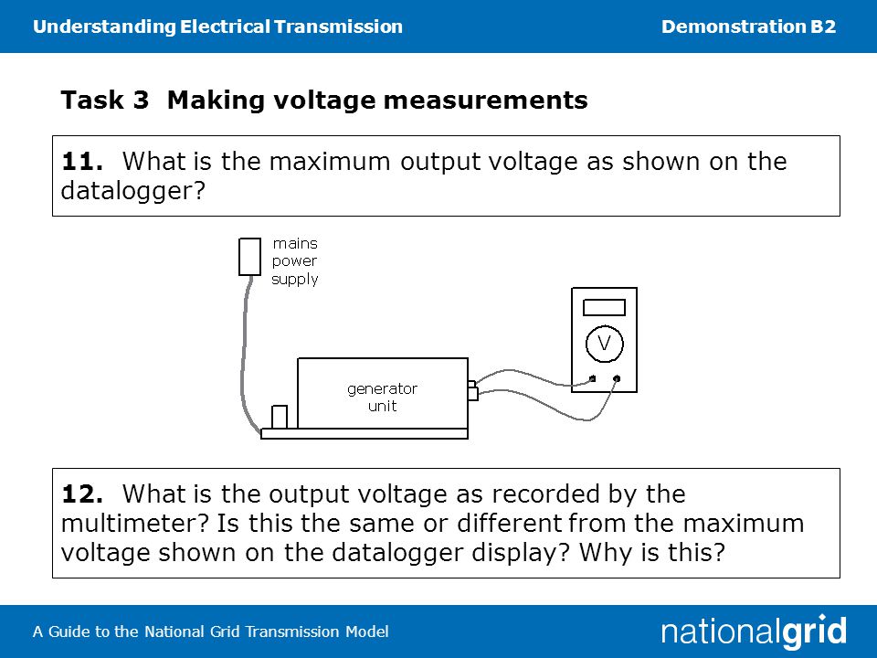 Understanding Electrical TransmissionDemonstration B2 A Guide to the National Grid Transmission Model Task 3 Making voltage measurements 11.