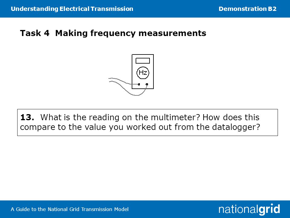 Understanding Electrical TransmissionDemonstration B2 A Guide to the National Grid Transmission Model Task 4 Making frequency measurements 13.