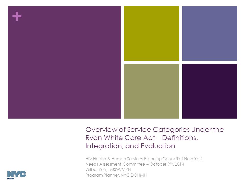 + Overview of Service Categories Under the Ryan White Care Act – Definitions, Integration, and Evaluation HIV Health & Human Services Planning Council of New York Needs Assessment Committee – October 9 th, 2014 Wilbur Yen, LMSW/MPH Program Planner, NYC DOHMH
