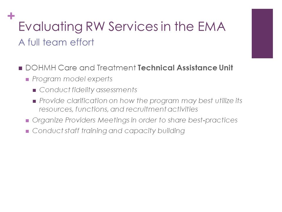 + Evaluating RW Services in the EMA DOHMH Care and Treatment Technical Assistance Unit Program model experts Conduct fidelity assessments Provide clarification on how the program may best utilize its resources, functions, and recruitment activities Organize Providers Meetings in order to share best-practices Conduct staff training and capacity building A full team effort