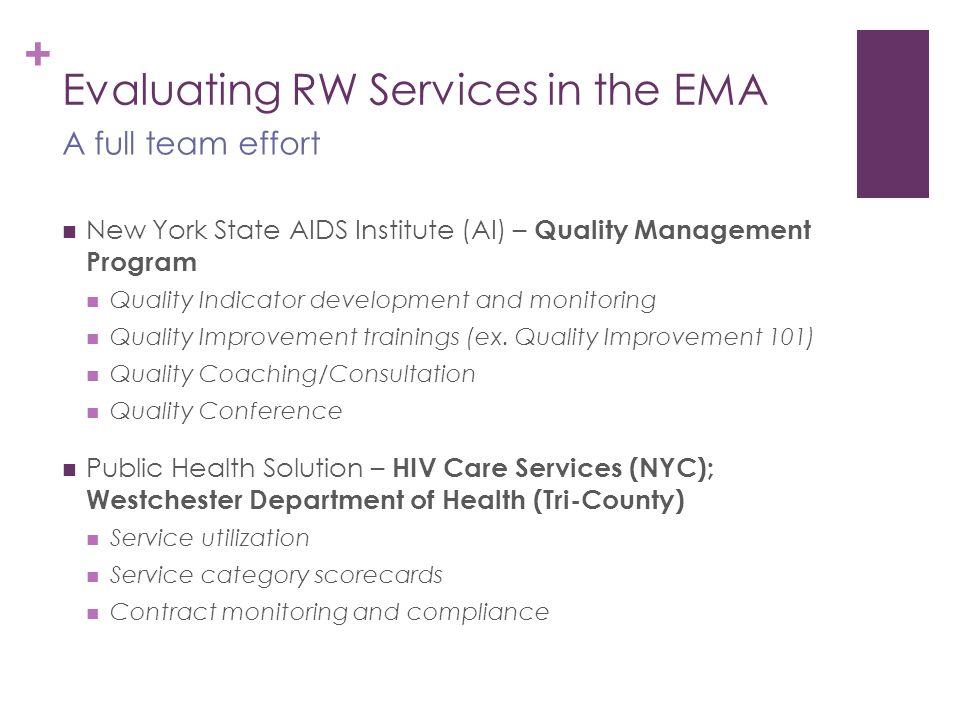 + Evaluating RW Services in the EMA New York State AIDS Institute (AI) – Quality Management Program Quality Indicator development and monitoring Quality Improvement trainings (ex.