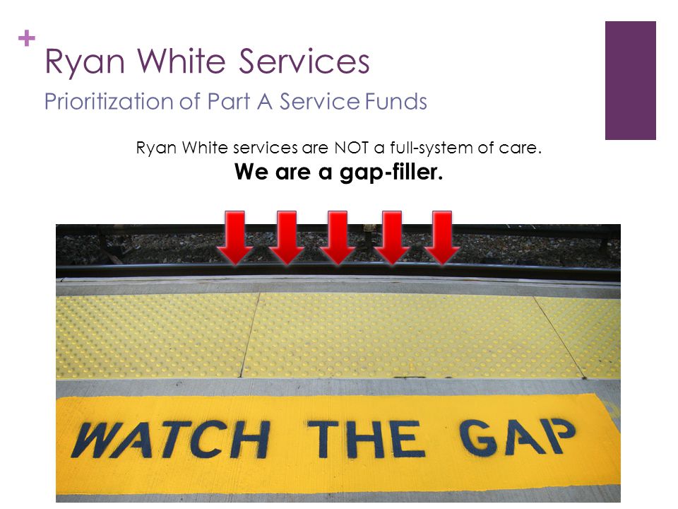 + Ryan White Services Prioritization of Part A Service Funds Ryan White services are NOT a full-system of care.
