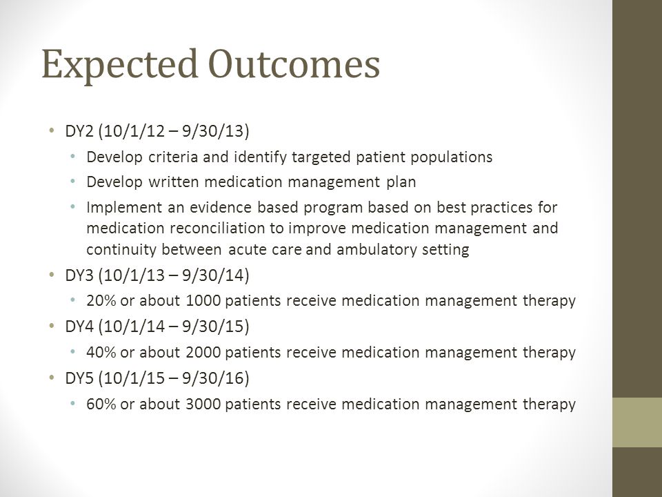 Expected Outcomes DY2 (10/1/12 – 9/30/13) Develop criteria and identify targeted patient populations Develop written medication management plan Implement an evidence based program based on best practices for medication reconciliation to improve medication management and continuity between acute care and ambulatory setting DY3 (10/1/13 – 9/30/14) 20% or about 1000 patients receive medication management therapy DY4 (10/1/14 – 9/30/15) 40% or about 2000 patients receive medication management therapy DY5 (10/1/15 – 9/30/16) 60% or about 3000 patients receive medication management therapy