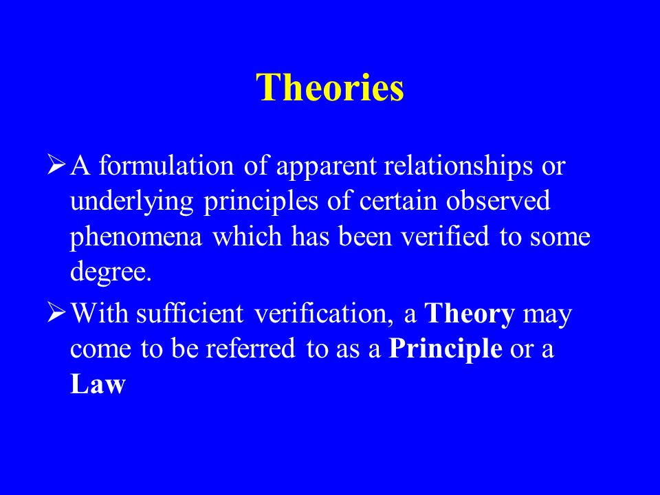 Theories  A formulation of apparent relationships or underlying principles of certain observed phenomena which has been verified to some degree.