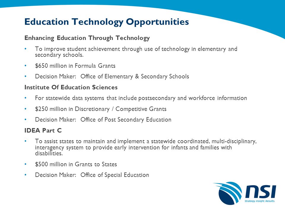 Education Technology Opportunities Enhancing Education Through Technology To improve student achievement through use of technology in elementary and secondary schools.