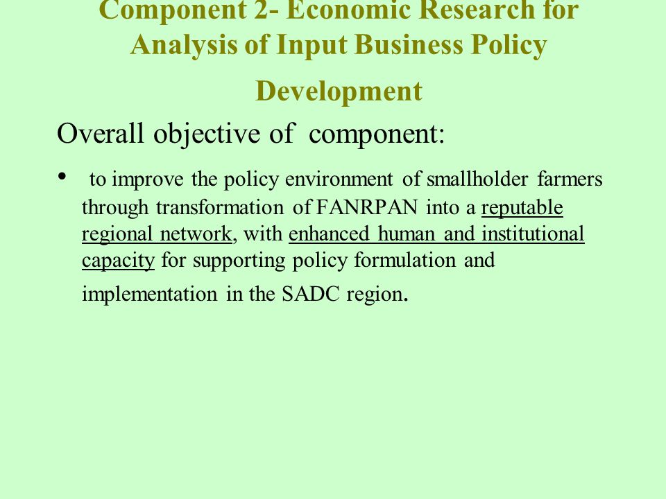 Component 2- Economic Research for Analysis of Input Business Policy Development Overall objective of component: to improve the policy environment of smallholder farmers through transformation of FANRPAN into a reputable regional network, with enhanced human and institutional capacity for supporting policy formulation and implementation in the SADC region.