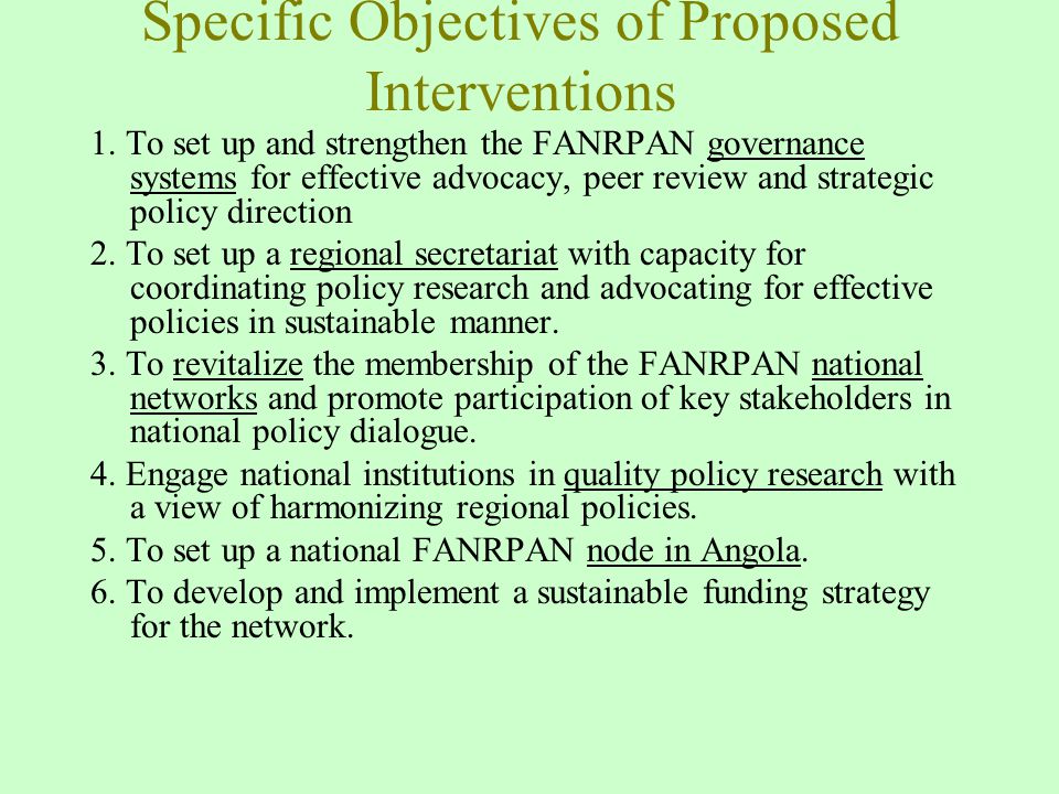 Specific Objectives of Proposed Interventions 1.