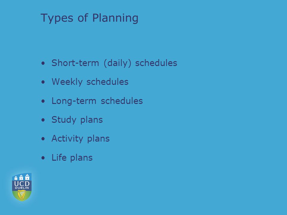 Types of Planning Short-term (daily) schedules Weekly schedules Long-term schedules Study plans Activity plans Life plans