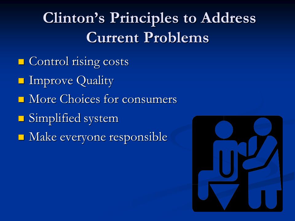 Clinton’s Principles to Address Current Problems Clinton’s Principles to Address Current Problems Control rising costs Control rising costs Improve Quality Improve Quality More Choices for consumers More Choices for consumers Simplified system Simplified system Make everyone responsible Make everyone responsible