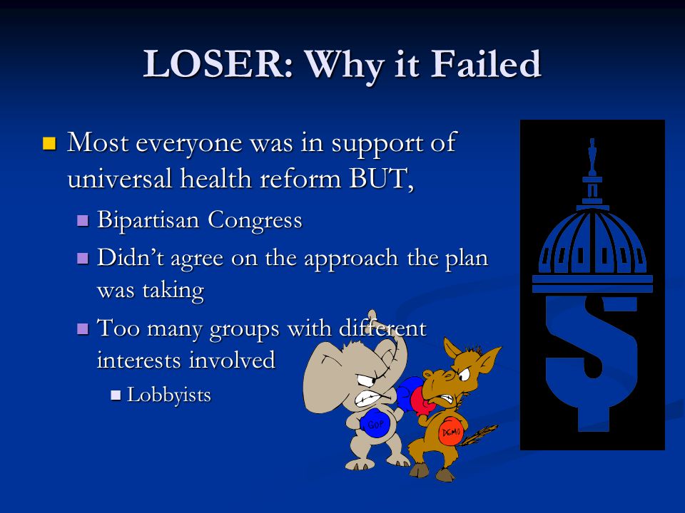 LOSER: Why it Failed Most everyone was in support of universal health reform BUT, Most everyone was in support of universal health reform BUT, Bipartisan Congress Bipartisan Congress Didn’t agree on the approach the plan was taking Didn’t agree on the approach the plan was taking Too many groups with different interests involved Too many groups with different interests involved Lobbyists Lobbyists