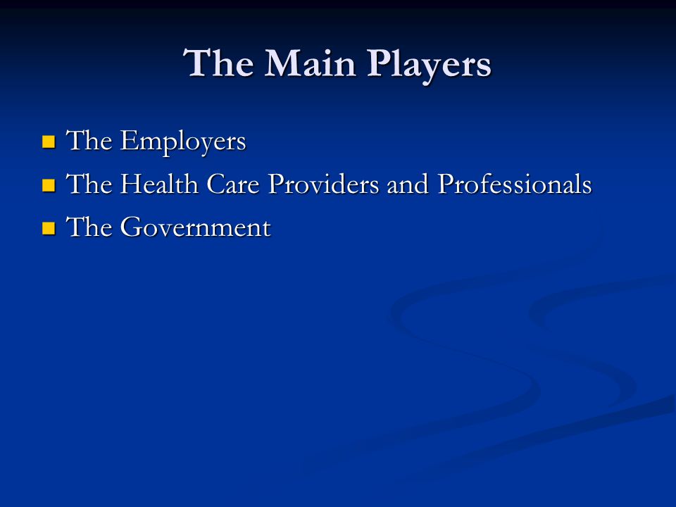 The Main Players The Employers The Employers The Health Care Providers and Professionals The Health Care Providers and Professionals The Government The Government