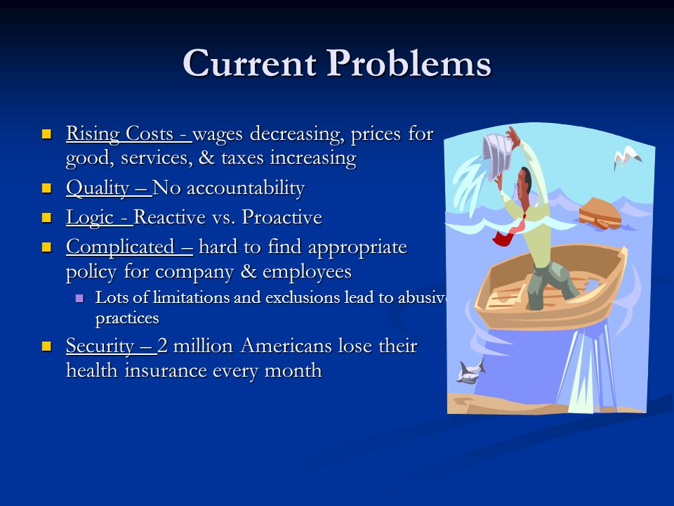 Current Problems Rising Costs - wages decreasing, prices for good, services, & taxes increasing Rising Costs - wages decreasing, prices for good, services, & taxes increasing Quality – No accountability Quality – No accountability Logic - Reactive vs.