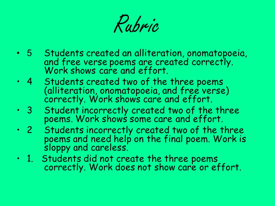 Rubric 5 Students created an alliteration, onomatopoeia, and free verse poems are created correctly.