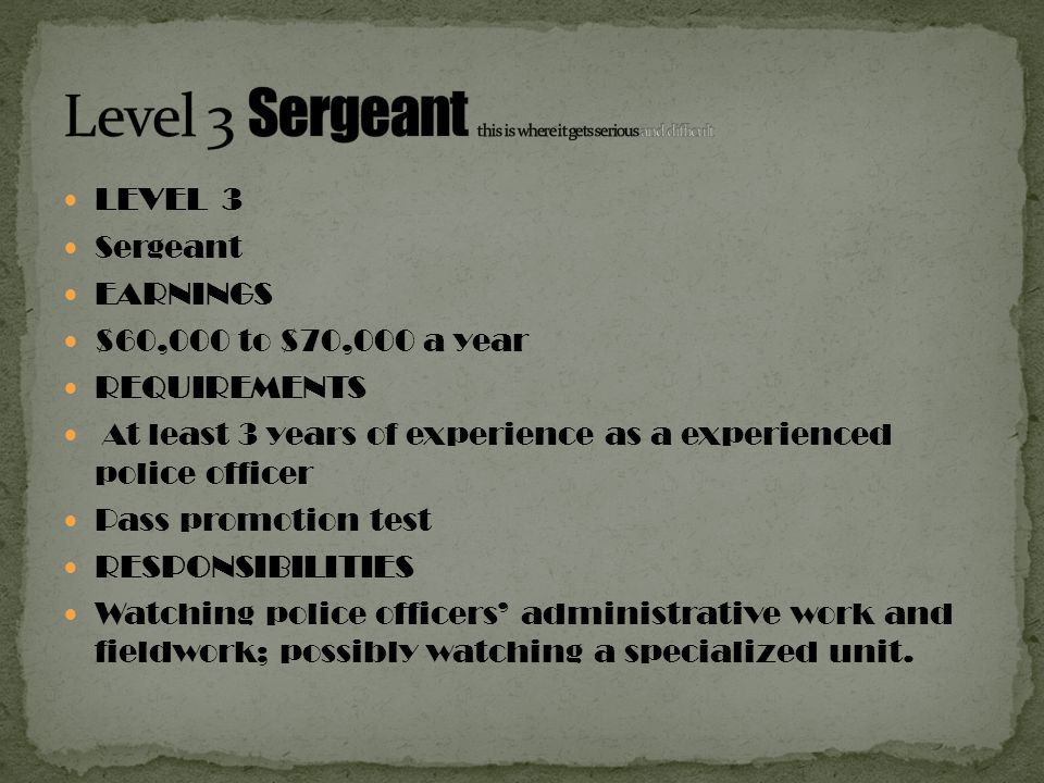 LEVEL 3 Sergeant EARNINGS $60,000 to $70,000 a year REQUIREMENTS At least 3 years of experience as a experienced police officer Pass promotion test RESPONSIBILITIES Watching police officers’ administrative work and fieldwork; possibly watching a specialized unit.