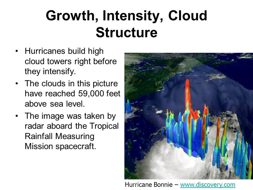 Growth, Intensity, Cloud Structure Hurricanes build high cloud towers right before they intensify.