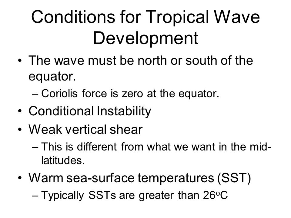 Conditions for Tropical Wave Development The wave must be north or south of the equator.