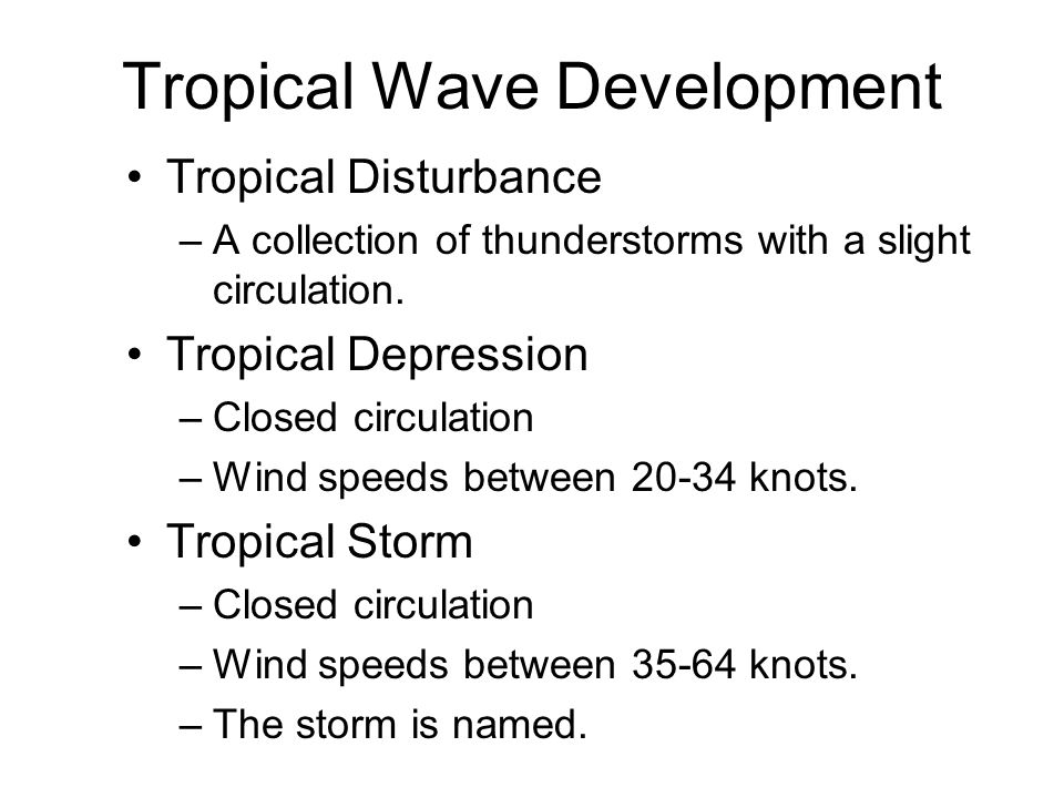 Tropical Wave Development Tropical Disturbance –A collection of thunderstorms with a slight circulation.