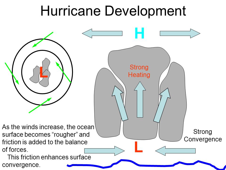 Hurricane Development L L H Strong Heating As the winds increase, the ocean surface becomes rougher and friction is added to the balance of forces.