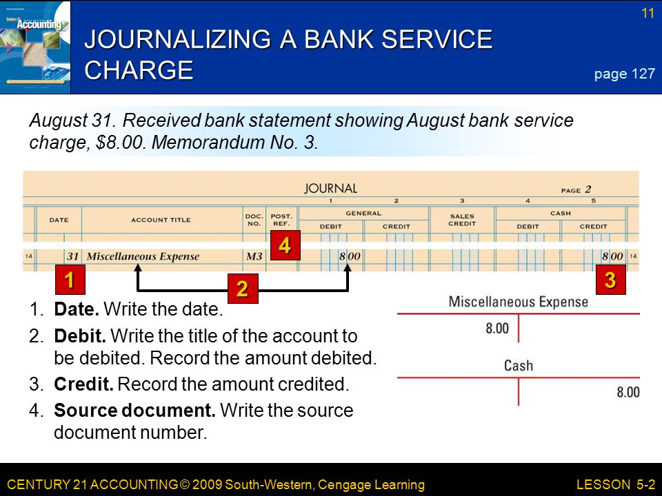 CENTURY 21 ACCOUNTING © 2009 South-Western, Cengage Learning 11 LESSON 5-2 JOURNALIZING A BANK SERVICE CHARGE 1.Date.
