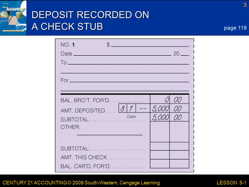 CENTURY 21 ACCOUNTING © 2009 South-Western, Cengage Learning 3 LESSON 5-1 DEPOSIT RECORDED ON A CHECK STUB page 119